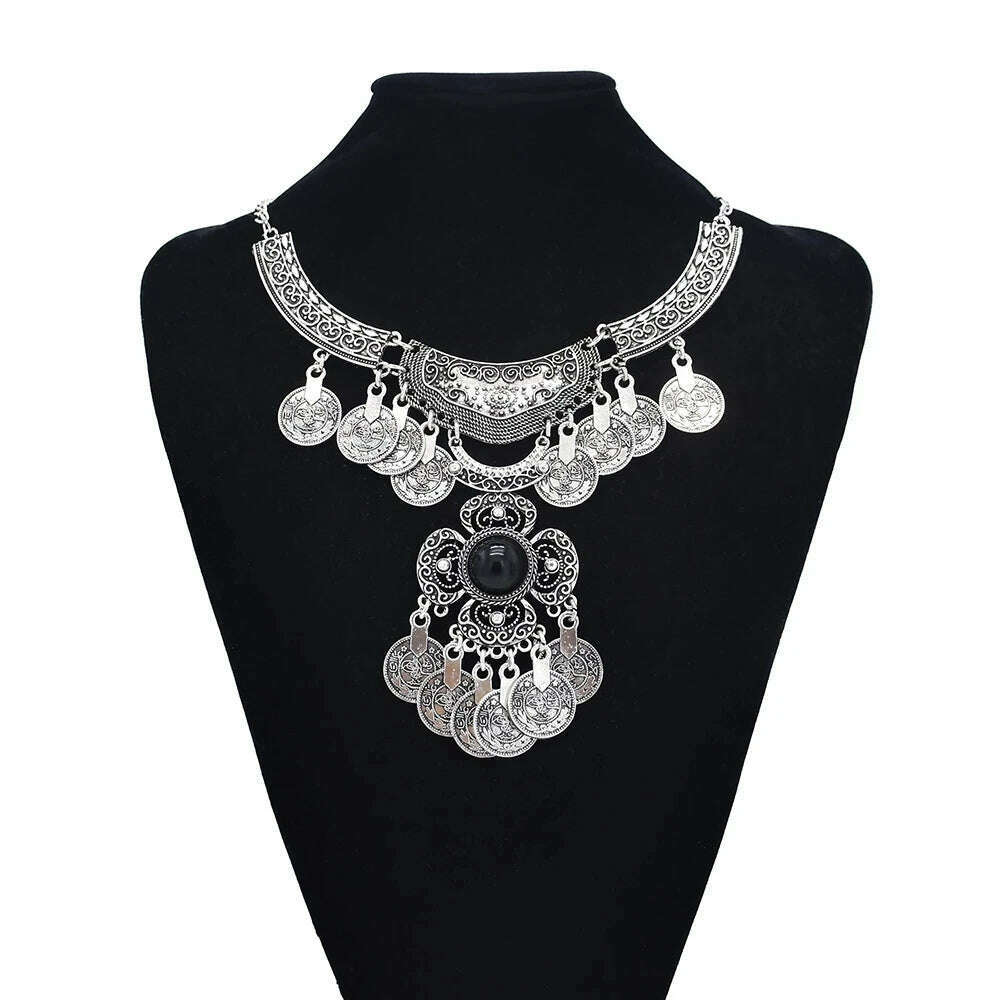 Ethnic Gypsy Vintage Metal Coin Tassel Necklaces Carved Flower For Women Boho Tibetan Silver Necklaces Turkish Tribal Jewelry