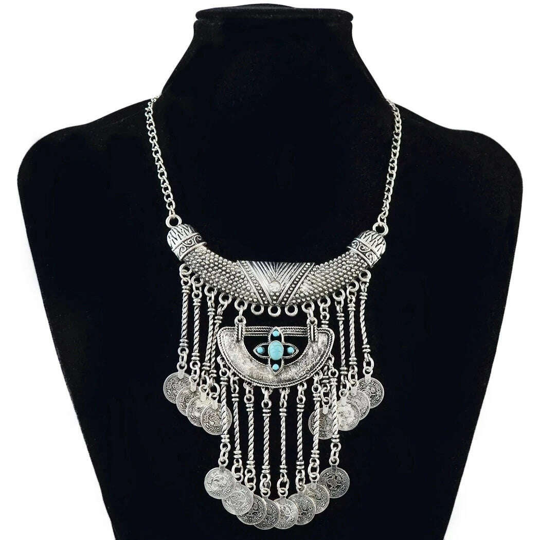 Ethnic Gypsy Vintage Metal Coin Tassel Necklaces Carved Flower For Women Boho Tibetan Silver Necklaces Turkish Tribal Jewelry