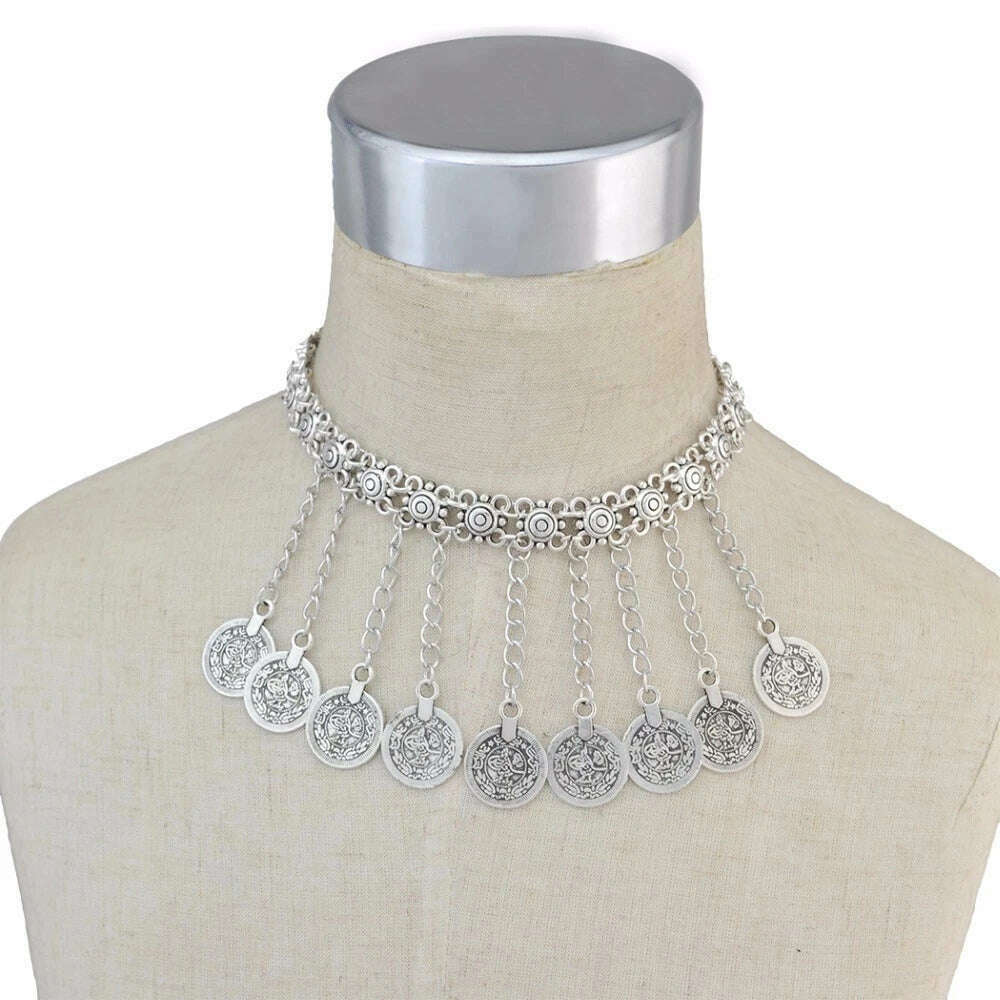 Ethnic Gypsy Vintage Metal Coin Tassel Necklaces Carved Flower For Women Boho Tibetan Silver Necklaces Turkish Tribal Jewelry