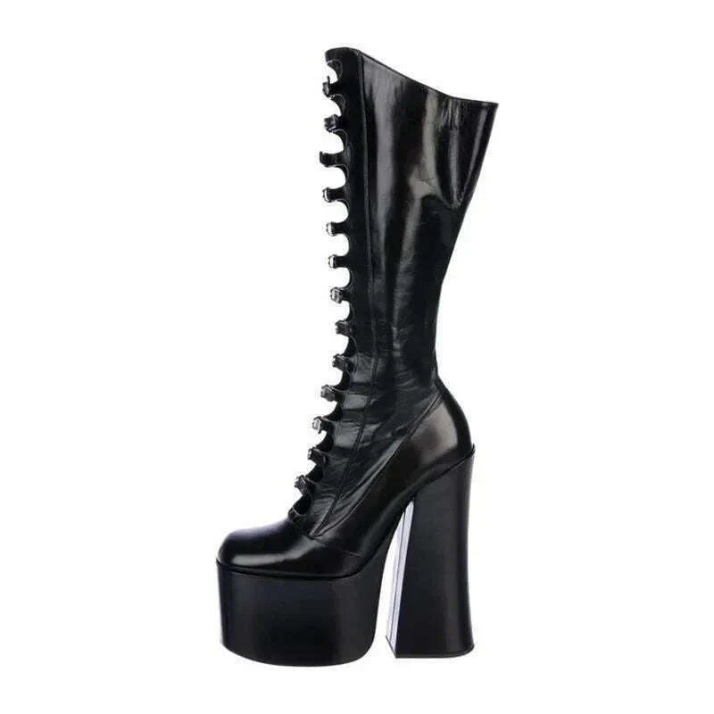 European and American Punk Style Spicy Girl Black Leather Buckle Thick Heel Cool Boots for Women Sexy Hollow Knight Boots