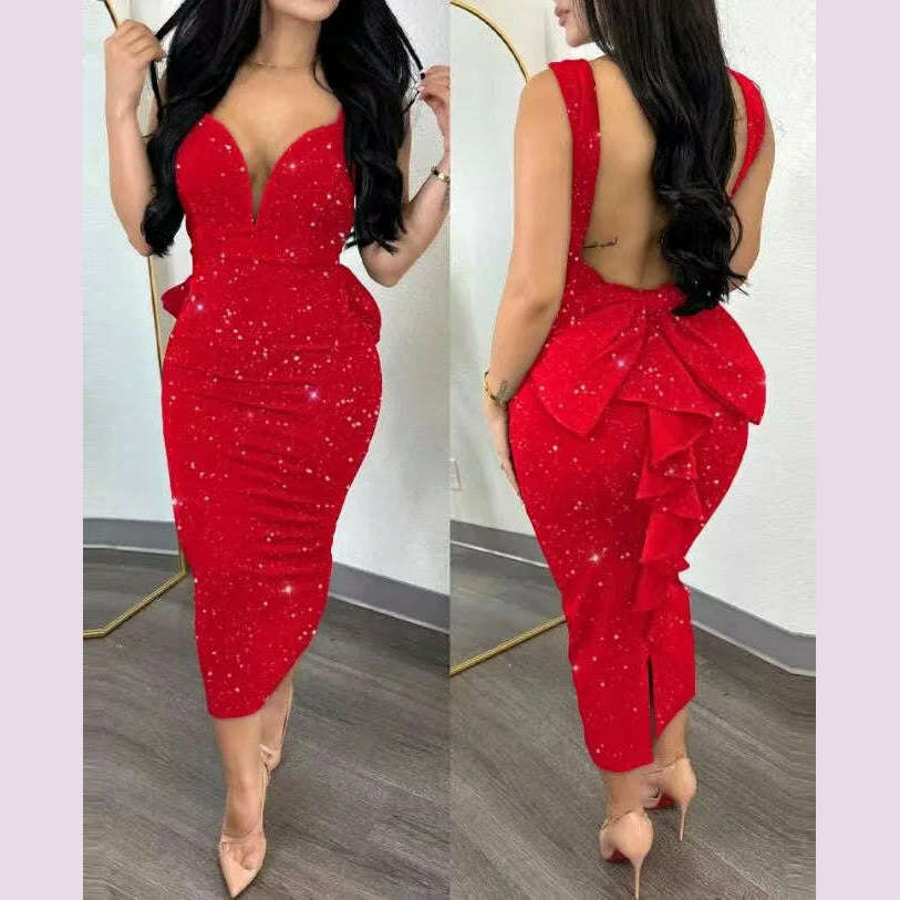 Evening Dresses for Women 2024 Sexy Woman Clothing Backless Deep V Bow Elastic Split Fashion Elegant Hip Wrap Midi Bodycon Dress