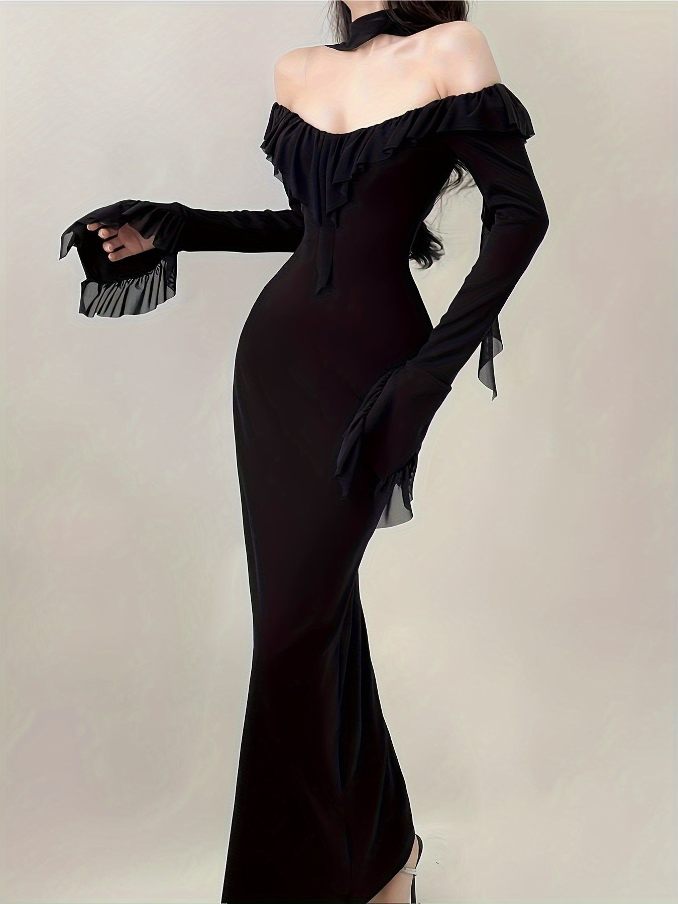 Off-shoulder Ruffle Trim Dress, Lace Decor Long Sleeve Bodycon Dress, Women's Clothing