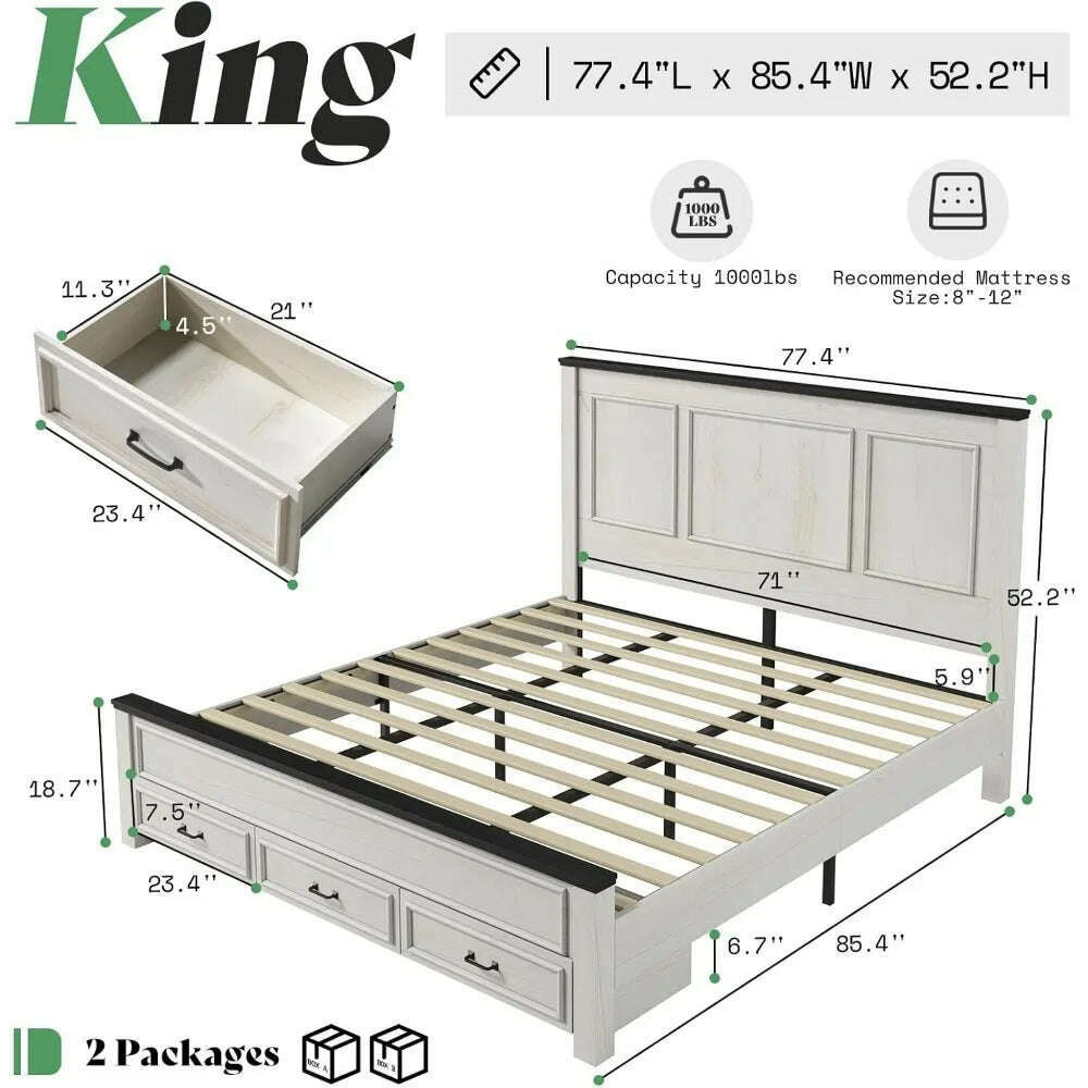 Farmhouse King Size Bed Frame with Tall -Panel Headboard & Footboard, Wood Platform Bed Frame with 3 Large Storag Drawers
