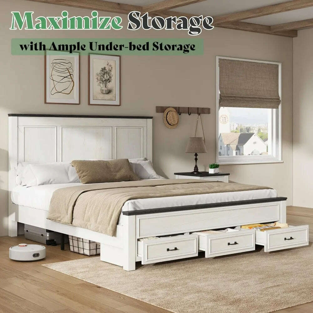 Farmhouse King Size Bed Frame with Tall -Panel Headboard & Footboard, Wood Platform Bed Frame with 3 Large Storag Drawers