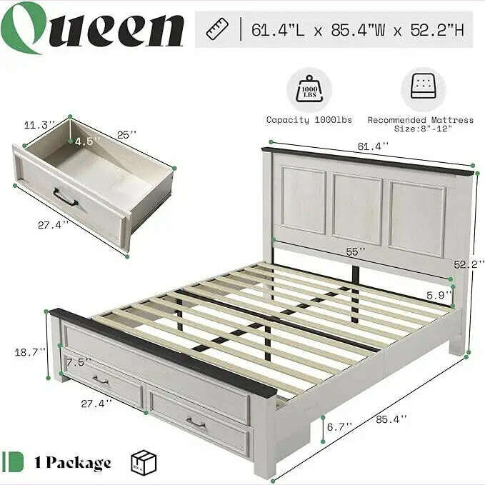 Farmhouse King Size Bed Frame with Tall -Panel Headboard & Footboard, Wood Platform Bed Frame with 3 Large Storag Drawers