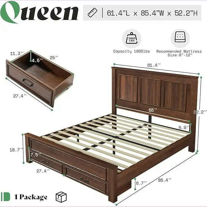 Farmhouse King Size Bed Frame with Tall -Panel Headboard & Footboard, Wood Platform Bed Frame with 3 Large Storag Drawers