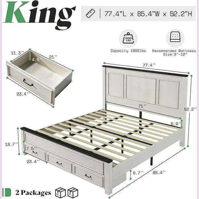 Farmhouse King Size Bed Frame with Tall -Panel Headboard & Footboard, Wood Platform Bed Frame with 3 Large Storag Drawers