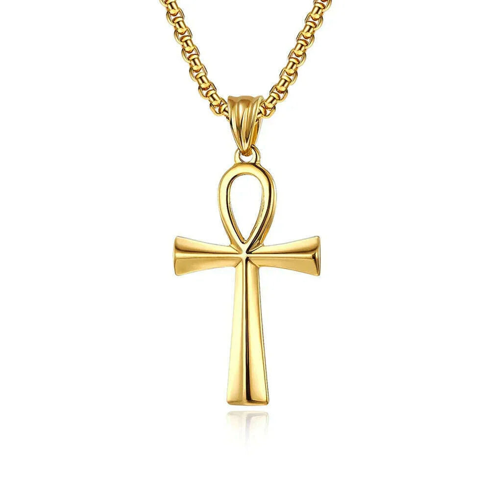 Fashion Ancient Egyptian Ankh Cross Necklace For Men Stainless Steel Gold Color/ Silver Color Biker Pendant Amulet Jewelry