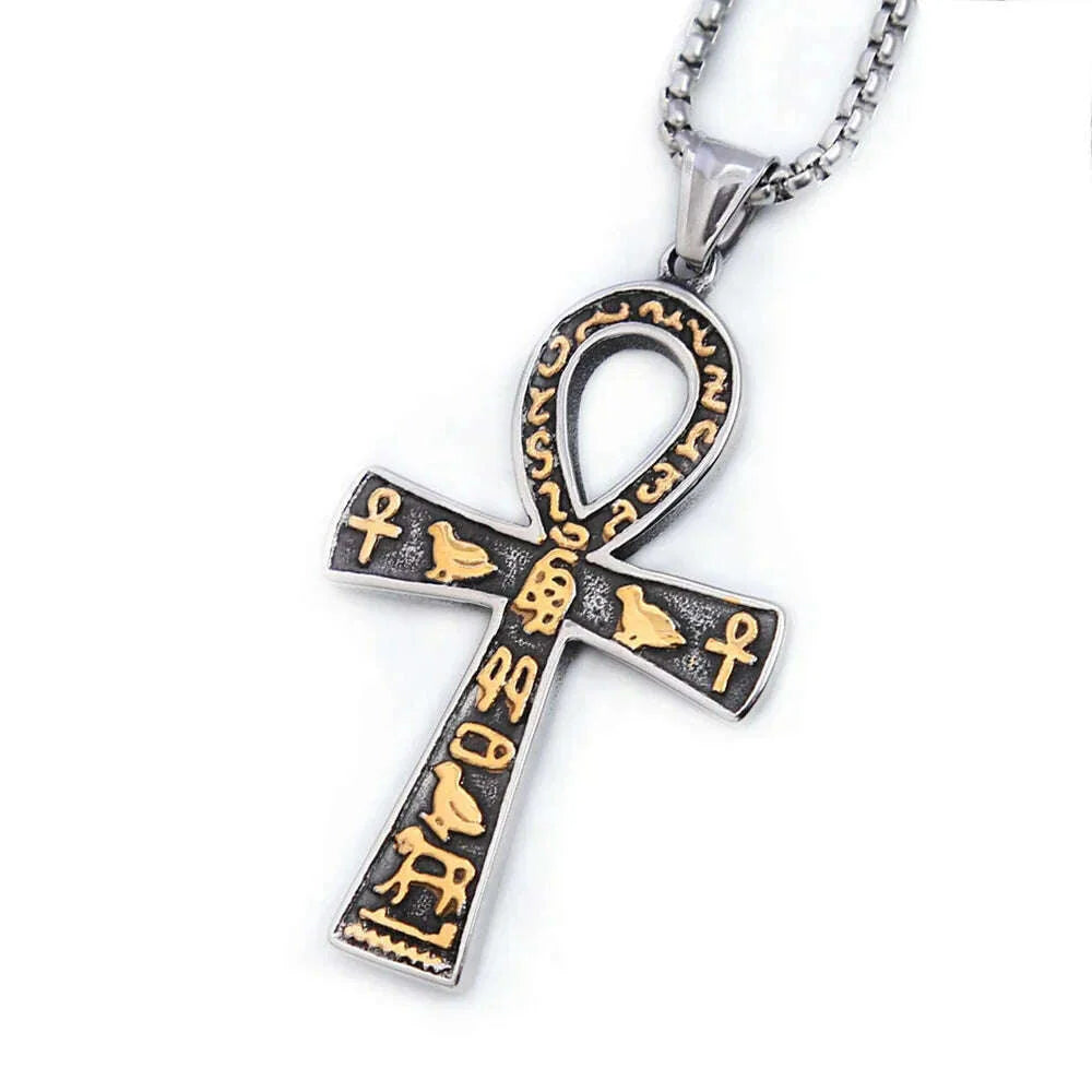 Fashion Ancient Egyptian Ankh Cross Necklace For Men Stainless Steel Gold Color/ Silver Color Biker Pendant Amulet Jewelry