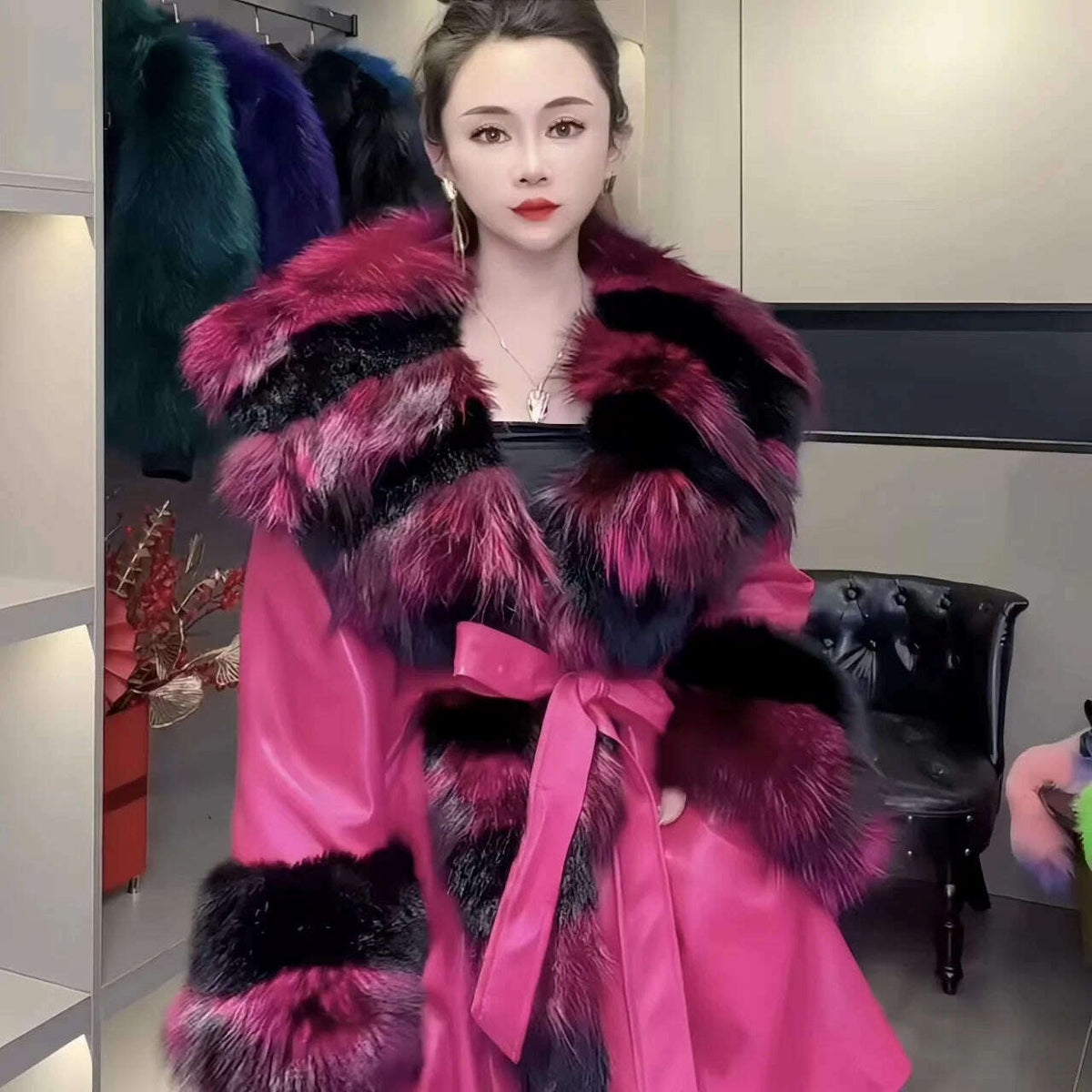 Faux Fur Coat for Women,Adjustable Waist Jacket,England Style Covered Button PU Outwear,Fox Fur Collar, Autumn and Winter