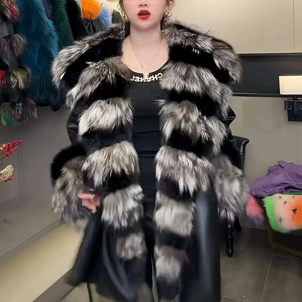 Faux Fur Coat for Women,Adjustable Waist Jacket,England Style Covered Button PU Outwear,Fox Fur Collar, Autumn and Winter