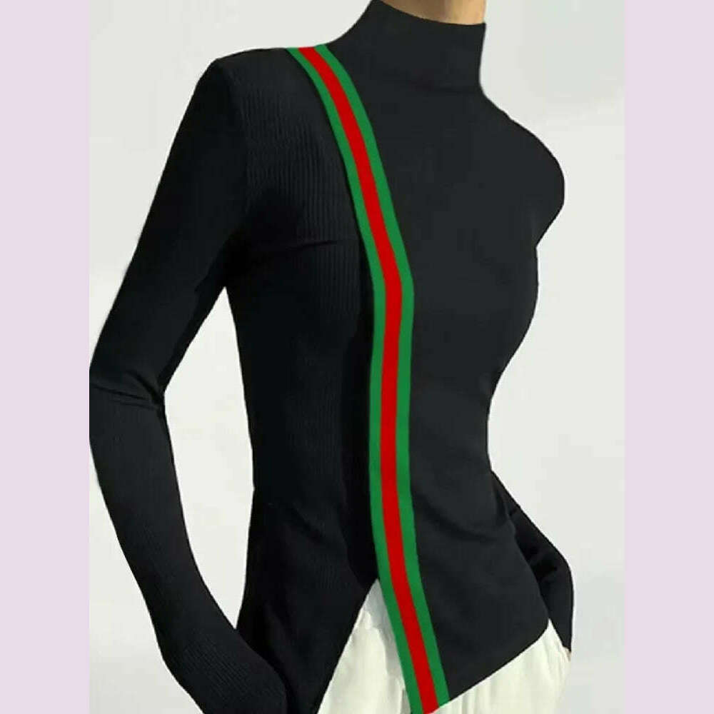 Female Clothing Skinny T-Shirts Fashion Striped Slit High Neck Contrast Color Spring Autumn Black Women's Base Layer