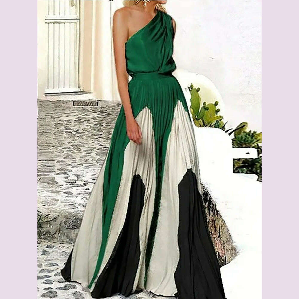 Freeacy 2024 Fashion Women's Party Dress Sleeveless High Waist Contrast Color Pleated Dress Elegant Maxi Evening Dresses
