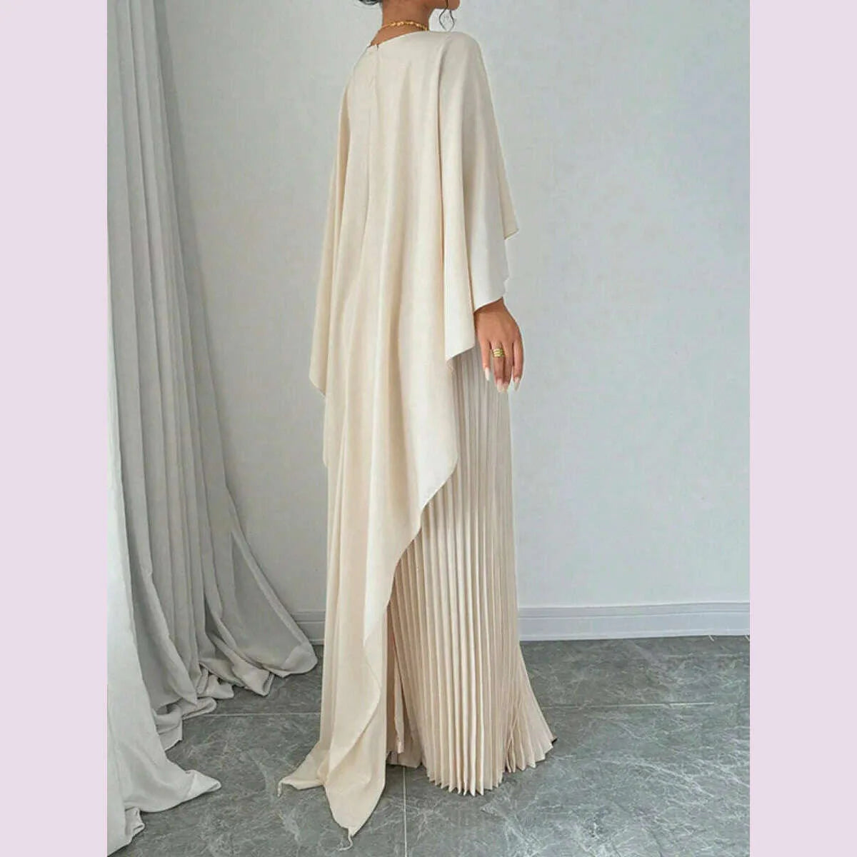 Freeacy Women's Autumn New Solid Color Elegant Evening Dresses Round Neck Wrap Sleeves Ruffled High Neck Pleated Maxi Dress