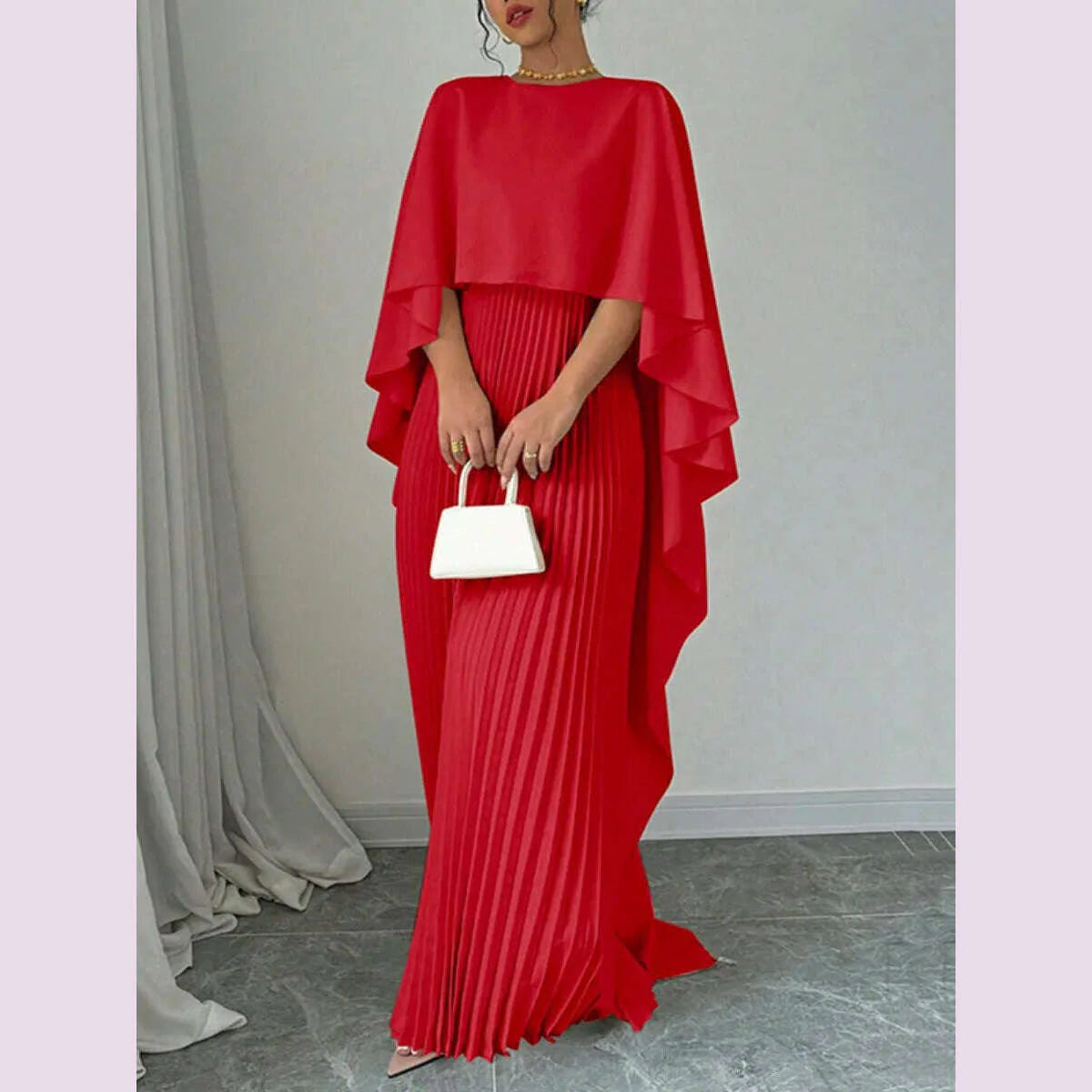 Freeacy Women's Autumn New Solid Color Elegant Evening Dresses Round Neck Wrap Sleeves Ruffled High Neck Pleated Maxi Dress