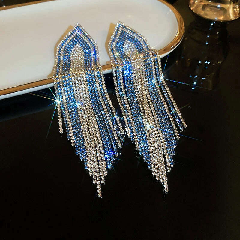 FYUAN Fashion Blue Silver Color Full Rhinestone Drop Earrings Oversize Long Tassel Crystal Earrings for Women Statement Jewelry