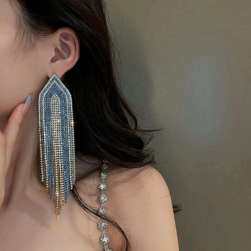 FYUAN Fashion Blue Silver Color Full Rhinestone Drop Earrings Oversize Long Tassel Crystal Earrings for Women Statement Jewelry