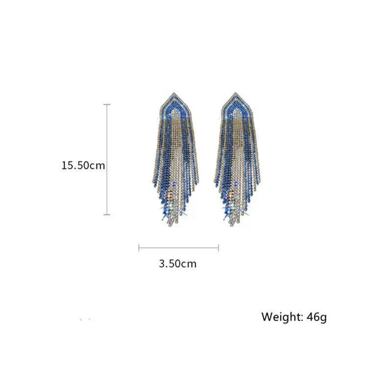 FYUAN Fashion Blue Silver Color Full Rhinestone Drop Earrings Oversize Long Tassel Crystal Earrings for Women Statement Jewelry