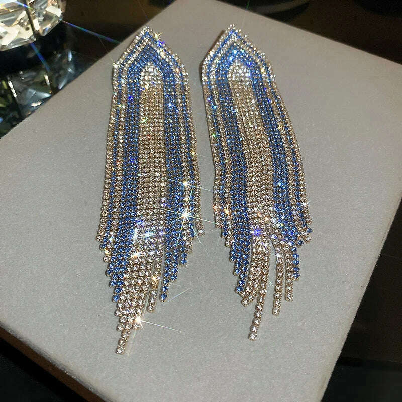 FYUAN Fashion Blue Silver Color Full Rhinestone Drop Earrings Oversize Long Tassel Crystal Earrings for Women Statement Jewelry