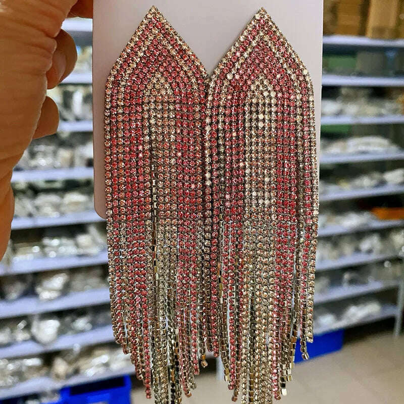 FYUAN Fashion Blue Silver Color Full Rhinestone Drop Earrings Oversize Long Tassel Crystal Earrings for Women Statement Jewelry