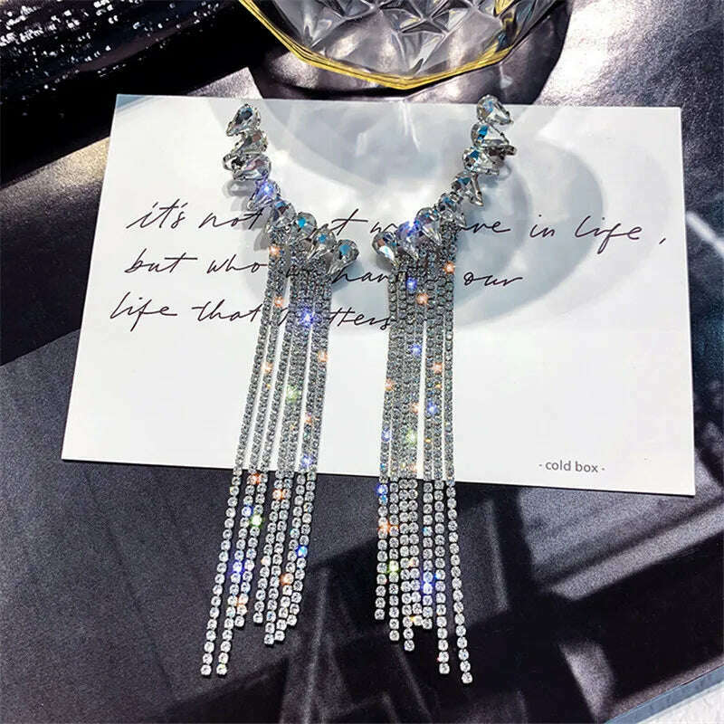 FYUAN Fashion Long Tassel Full Rhinestone Drop Earrings for Women Bijoux Shiny Water Drop Crystal Dangle Earrings Jewelry Gifts