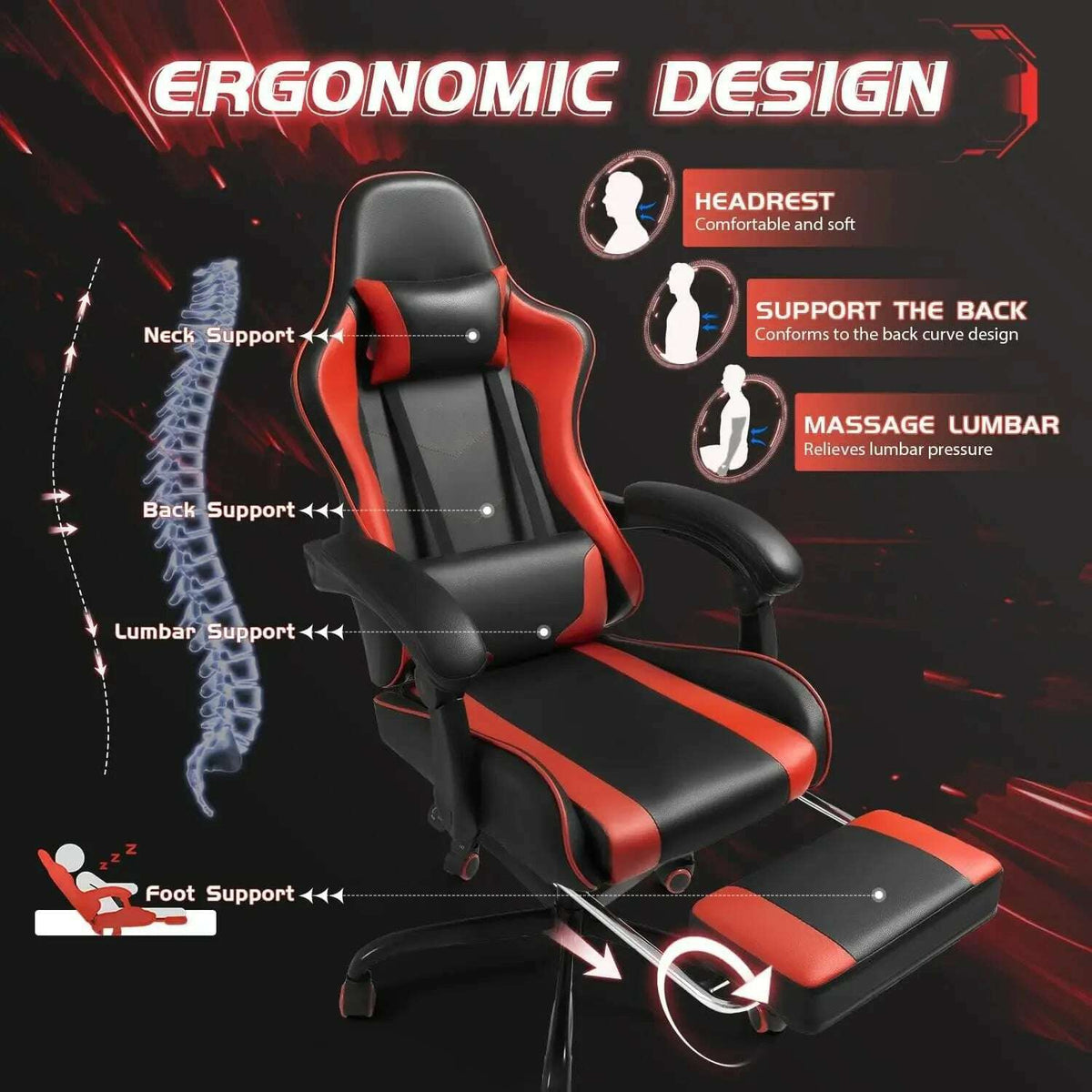 Gaming Chair with Footrest and Massage Lumbar Support, Video Racing Seat Height Adjustable with 360°Swivel and Headrest