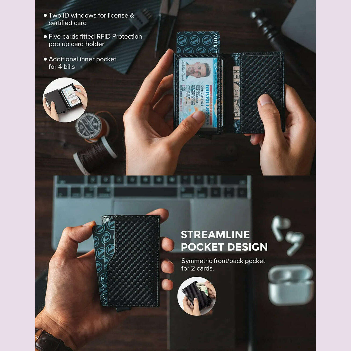 Gebwolf Credit Card Case with Double ID Window RFID Blocking Automatic Leather Pop Up Wallet Cardholder