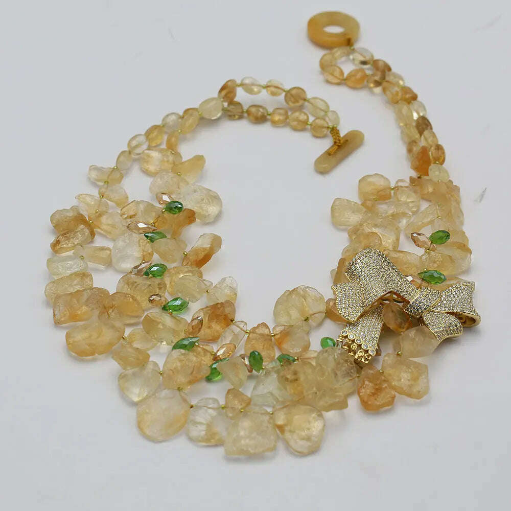 GG 3 Strands Natural Yellow Topaz Citrine Rough Necklace Crystal CZ Pave Butterfly Brooch Pendant Handmade For Women