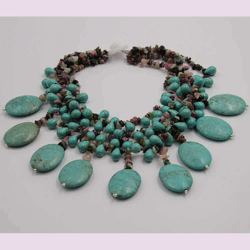GG 4 Strands Multi color Tourmaline Green Turquoise Fringe Necklace Handmade For Women