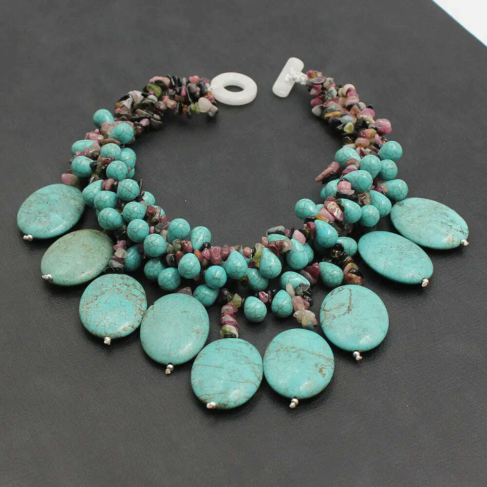 GG 4 Strands Multi color Tourmaline Green Turquoise Fringe Necklace Handmade For Women