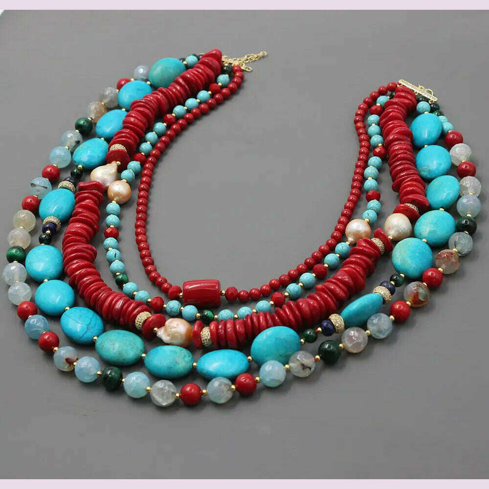 GG 5 Rows Freshwater Keshi Pearl Howlite Rondelle Tiger eye Red Coral Lapis Crystal Statement Necklace Handmade For Women