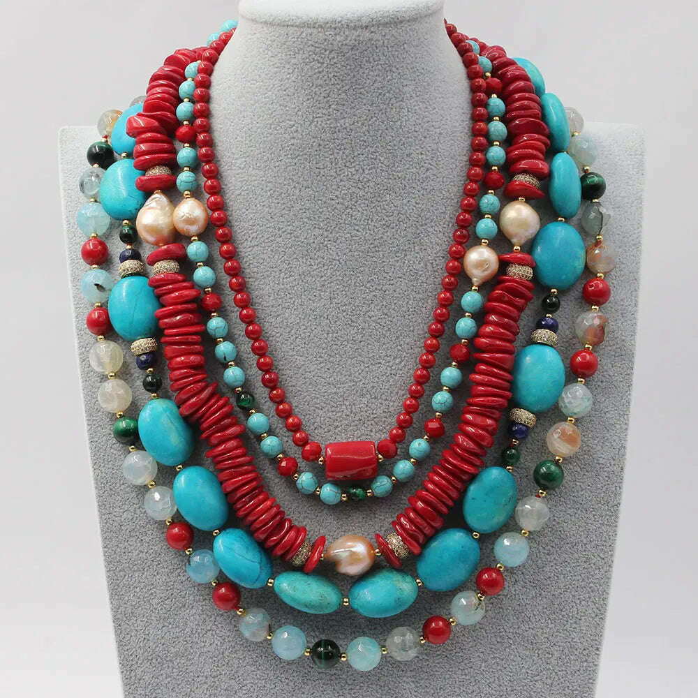 GG 5 Rows Freshwater Keshi Pearl Howlite Rondelle Tiger eye Red Coral Lapis Crystal Statement Necklace Handmade For Women
