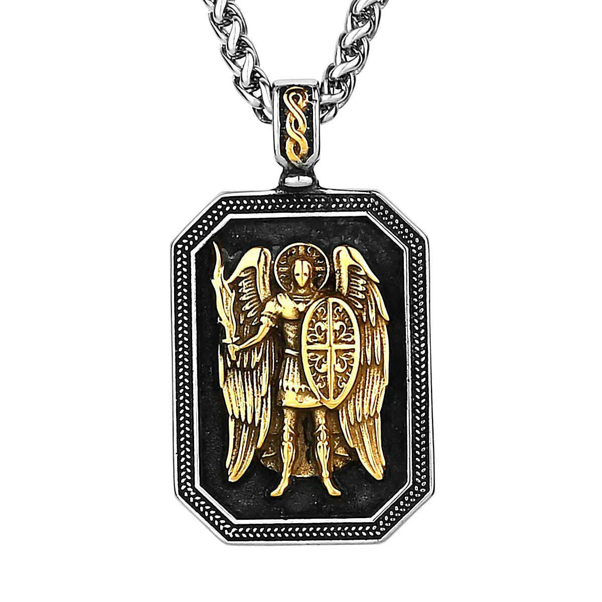 Gold Archangel Michael Cross Shield Prayer Tag Titanium Stainless Steel Pendant Men's Amulet Necklace Pendant Gift Wholesale