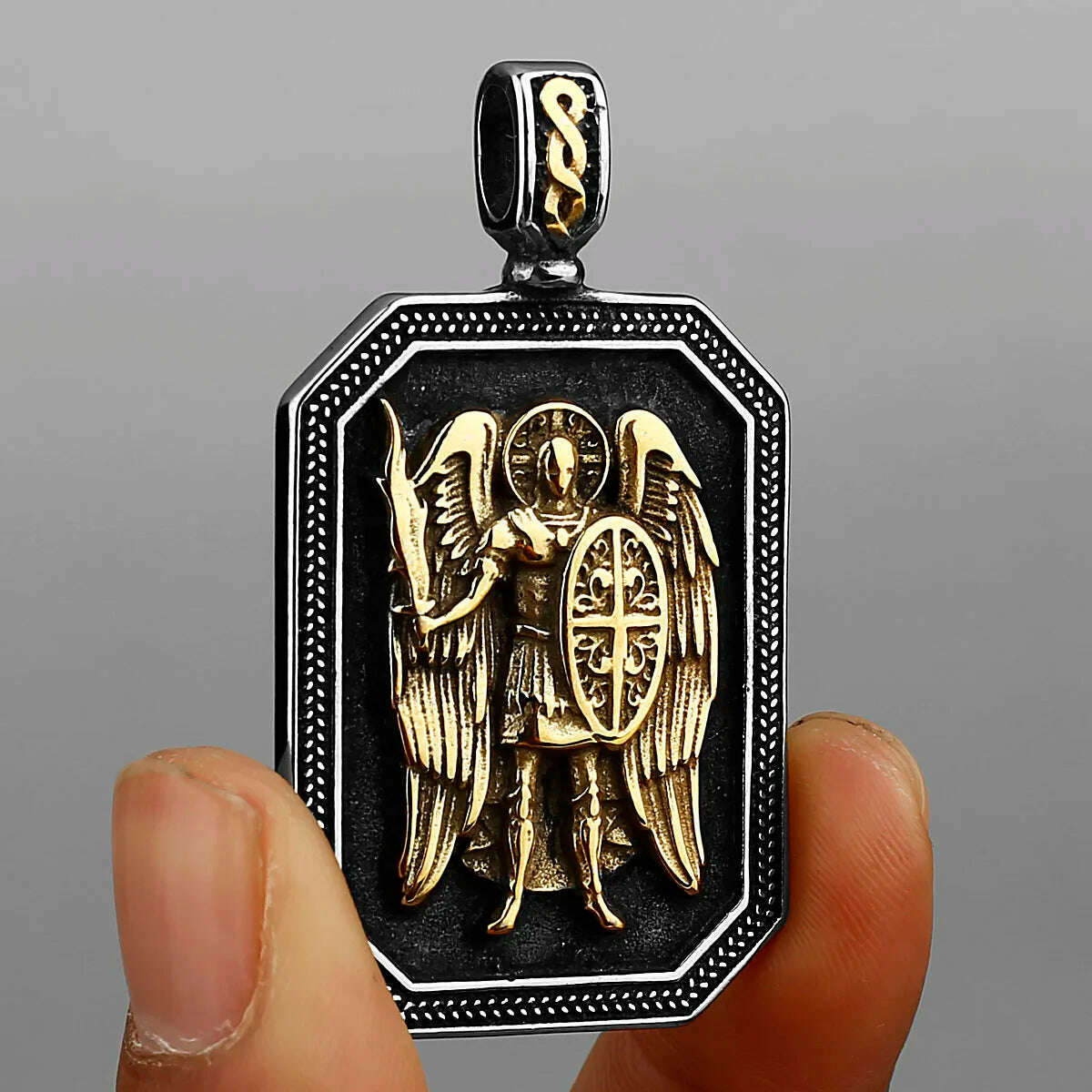 Gold Archangel Michael Cross Shield Prayer Tag Titanium Stainless Steel Pendant Men's Amulet Necklace Pendant Gift Wholesale