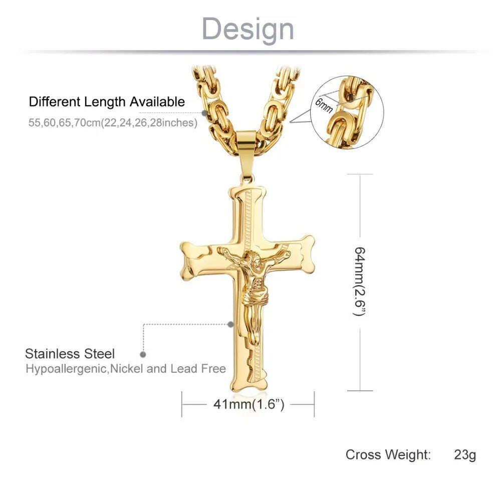 Gold Color Stainless Steel Jesus Cross Pendant Necklace 6mm Link Byzantine Chain Necklace Long Heavy Men Jewelry collares MN68