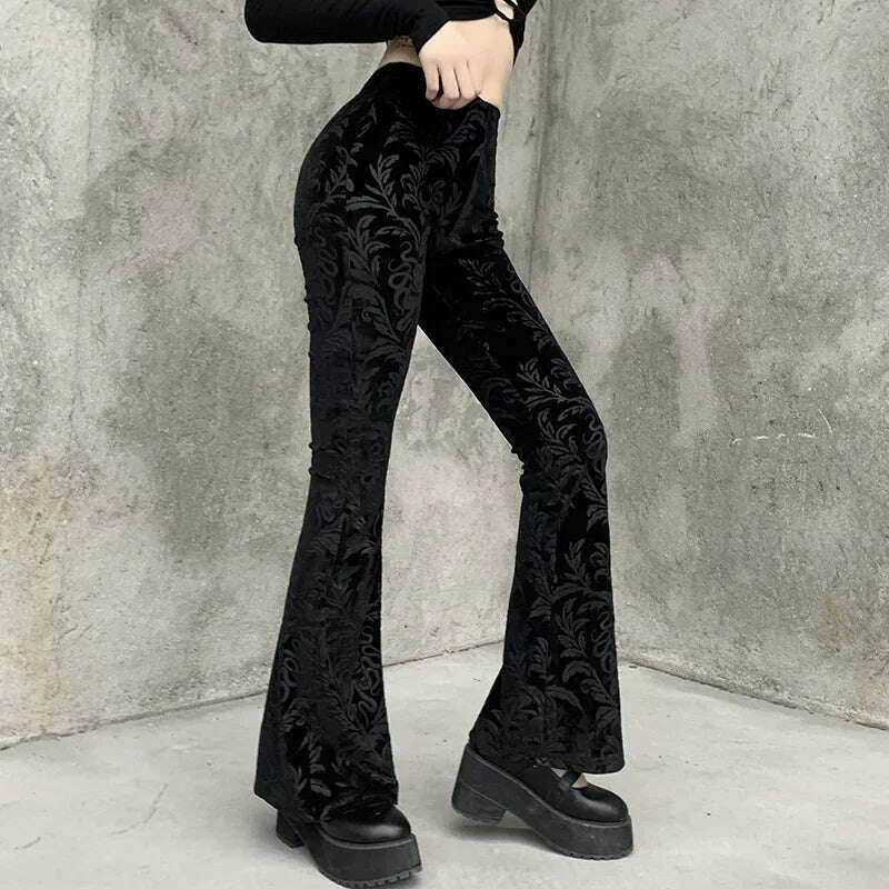 Gothic Retro Print Black Pants Women Harajuku High Waist Flared Pants 2023 Punk Velvet Trousers Vintage Streetwear Dark Academia