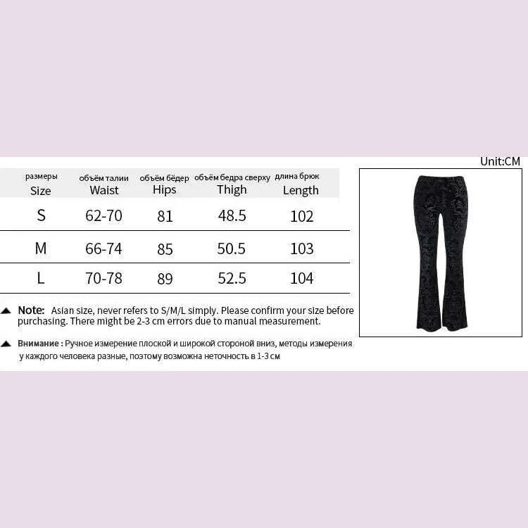 Gothic Retro Print Black Pants Women Harajuku High Waist Flared Pants 2023 Punk Velvet Trousers Vintage Streetwear Dark Academia