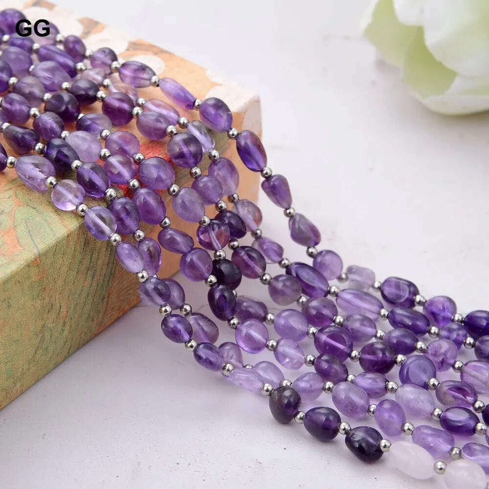 GuaiGuai Jewelry Unique Real Natural 7 Strands Amethyst Rose Quartz Lemon Quartz Freeform Necklace 18"