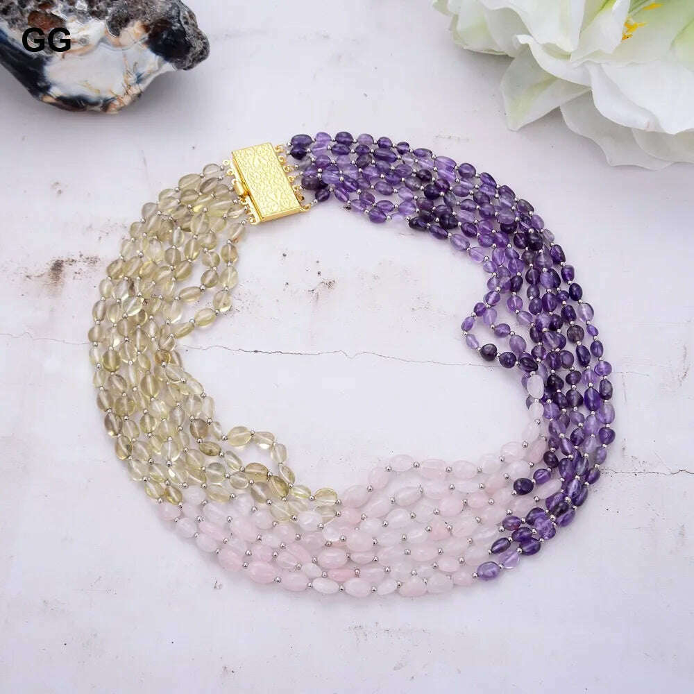 GuaiGuai Jewelry Unique Real Natural 7 Strands Amethyst Rose Quartz Lemon Quartz Freeform Necklace 18"