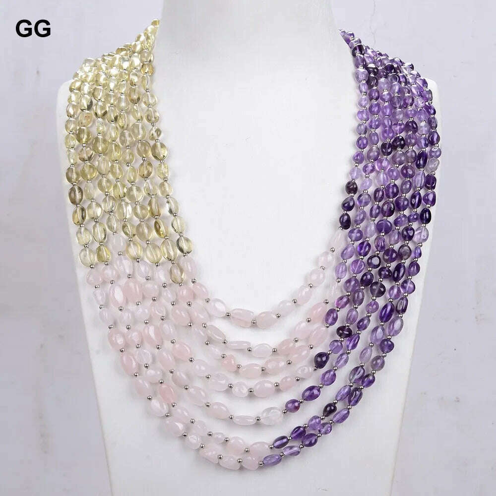 GuaiGuai Jewelry Unique Real Natural 7 Strands Amethyst Rose Quartz Lemon Quartz Freeform Necklace 18"
