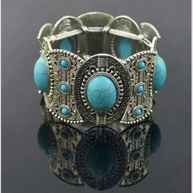 Gypsy Tribal Tibetan Bracelet for Women Boho Vintage Silvery Men's Turquoise Elastic Bangle Afghan Turkish Ethnic Indian Jewelry