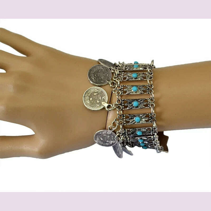 Gypsy Tribal Tibetan Bracelet for Women Boho Vintage Silvery Men's Turquoise Elastic Bangle Afghan Turkish Ethnic Indian Jewelry