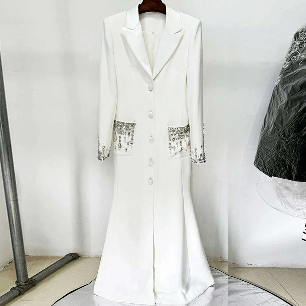 Handmade Studded Diamond Crystal Suit Collar Dress Fish Tail Black Floor Length Suit Collar Maxi Dresses for Women Wedding 2024