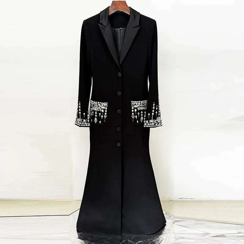 Handmade Studded Diamond Crystal Suit Collar Dress Fish Tail Black Floor Length Suit Collar Maxi Dresses for Women Wedding 2024