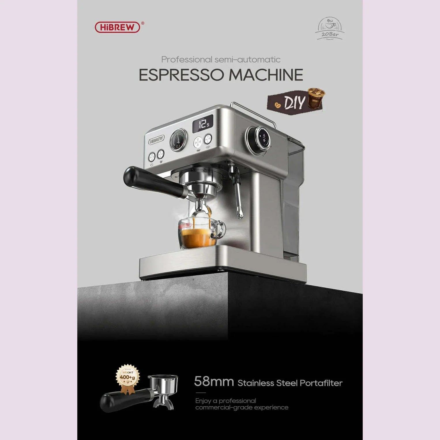 HiBREW 20Bar Semi Automatic Espresso Coffee Machine Temperature Adjustable 58mm Portafilter Cold/Hot Coffee Maker Metal CaseH10A