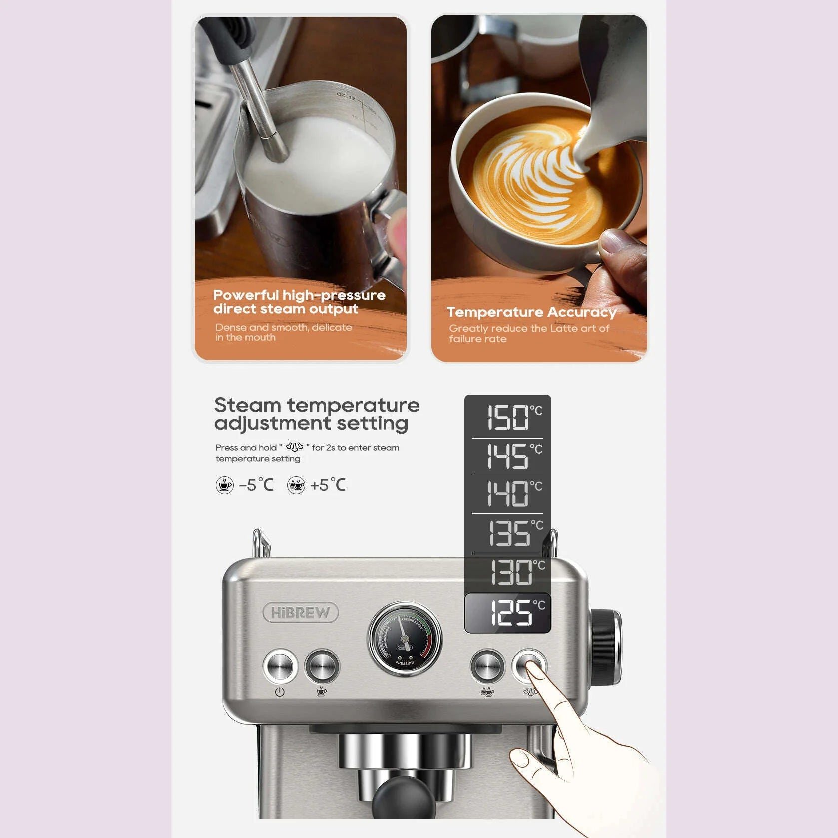 HiBREW 20Bar Semi Automatic Espresso Coffee Machine Temperature Adjustable 58mm Portafilter Cold/Hot Coffee Maker Metal CaseH10A