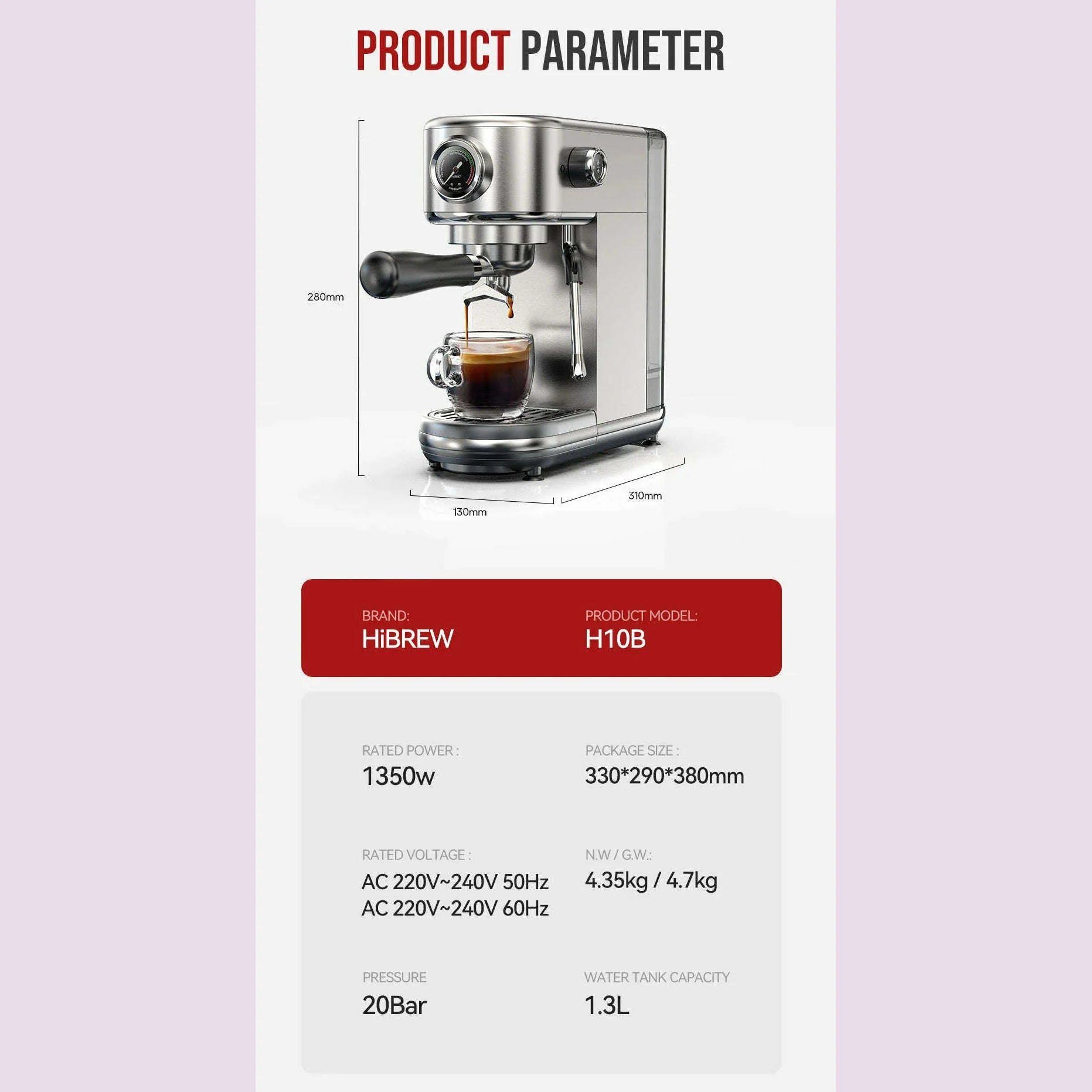 HiBREW 20Bar Semi Automatic Espresso Coffee Machine Temperature Adjustable Cold/Hot Super Slim Coffee Maker Cappuccino H10B