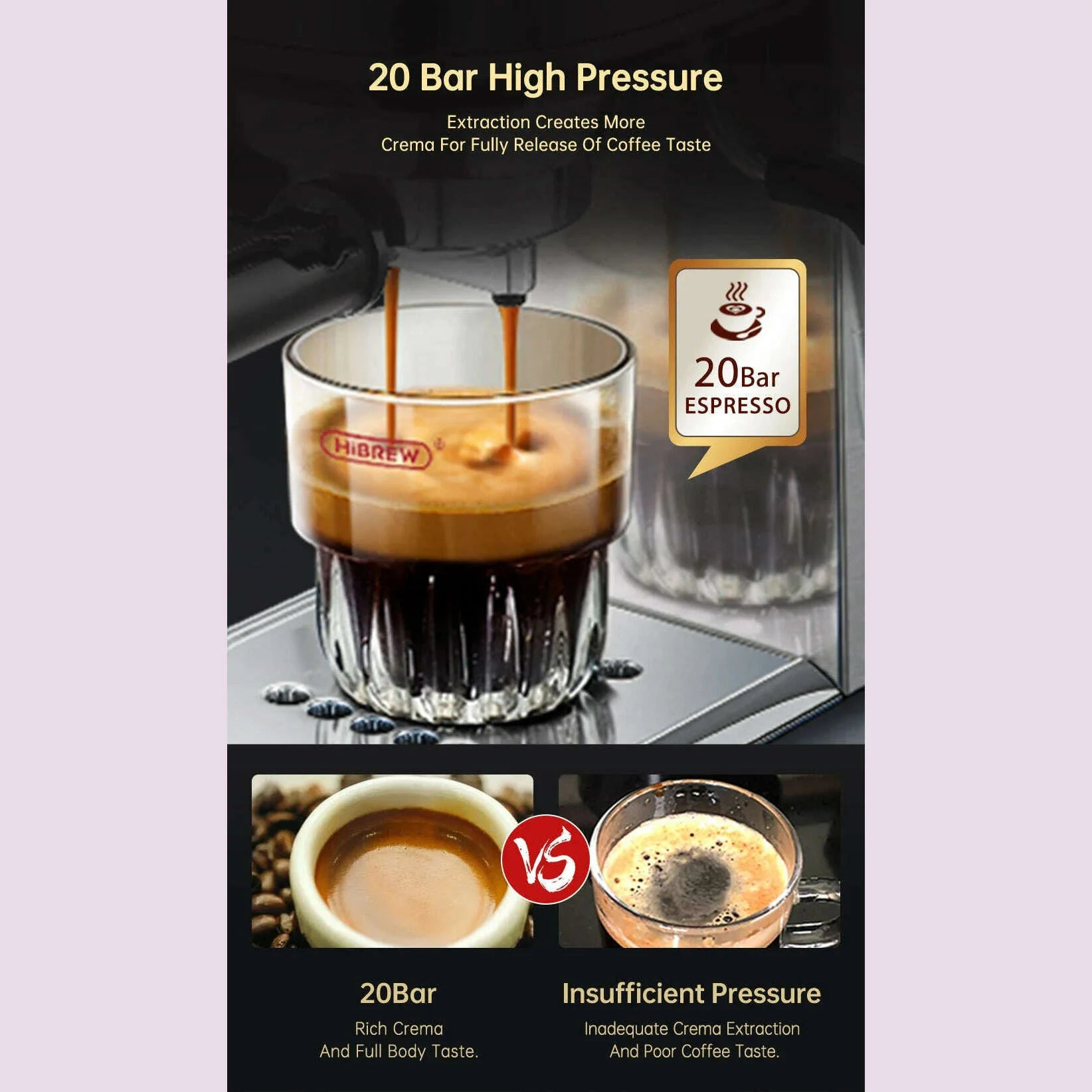HiBREW Coffee Maker Cafetera 20 Bar Inox Semi Automatic Super Slim ESE POD & Powder Espresso Machine Hot Water H11