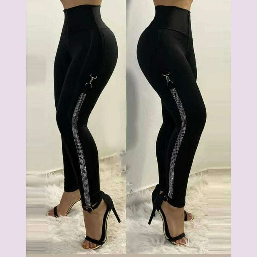 High Waist Skinny Pants Rhinestone Decor Europe and America Fashion Women's Clothing Plain Daily Office Lady Work Women Trousers