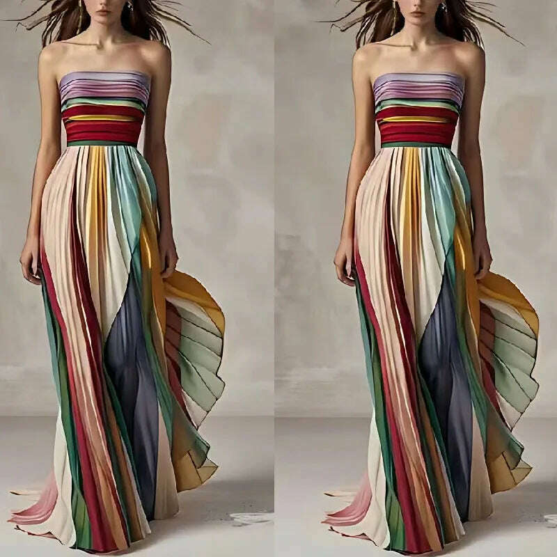 Holiday Sleeveless Patchwork Sexy Dress, Women Summer Strapless Printing Maxi Dress, 2025 Simple Backless Elegant Ladies Dress

